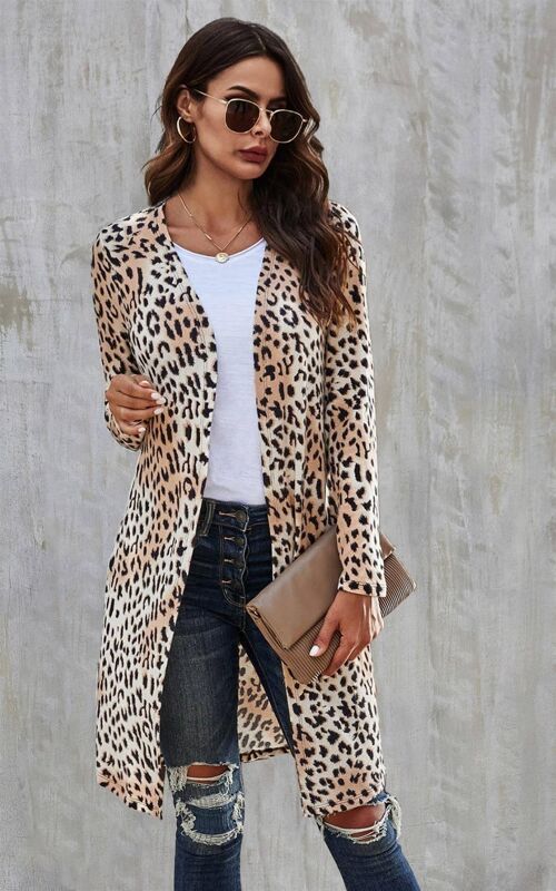 Beige & Black Leopard Print Longline Jersey Cardigan