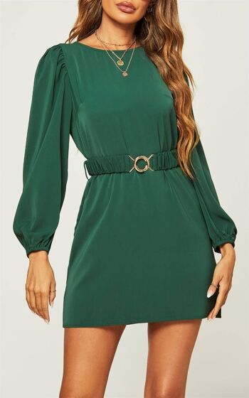 Mini robe ceinturée Bardot à manches longues en vert 1