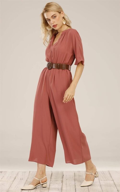 Belted Jumpsuit In Coral Red