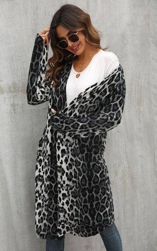 Black & Charcoal Grey Leopard Print Longline Jersey Cardigan