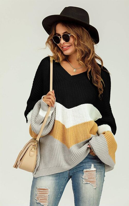 Black & Grey Colour Block Jumper White & Golden Striped Long Sleeve Top