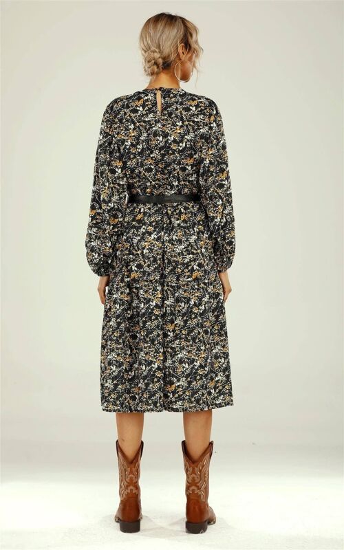 Black & White Orange Ditsy Floral Print Midi Smock Dress