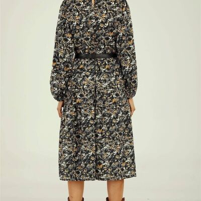 Black & White Orange Ditsy Floral Print Midi Smock Dress