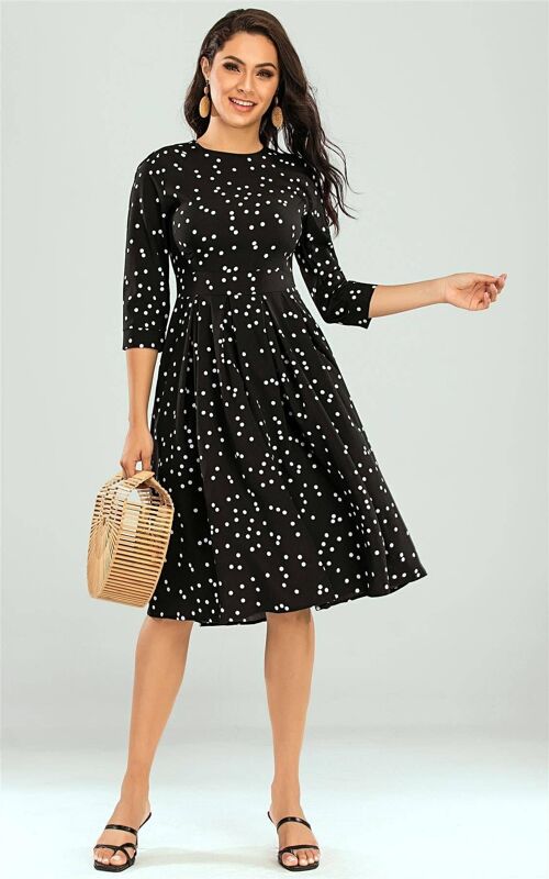 Black & White Polka Dot Three Quarter Sleeve Pleated Dress