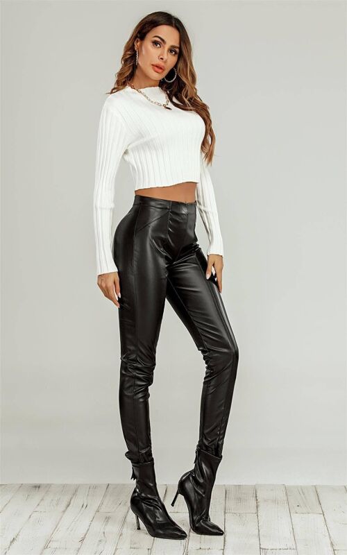 Black High Waisted Pu Panel Trousers With Zip Detailing