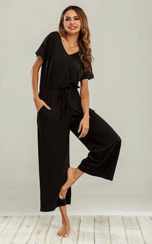 Black Loungewear Loose Jumpsuit With Short Sleeve