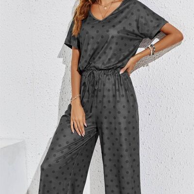 Black Polk Dot Loose Jumpsuit With Short Sleeve In Grey