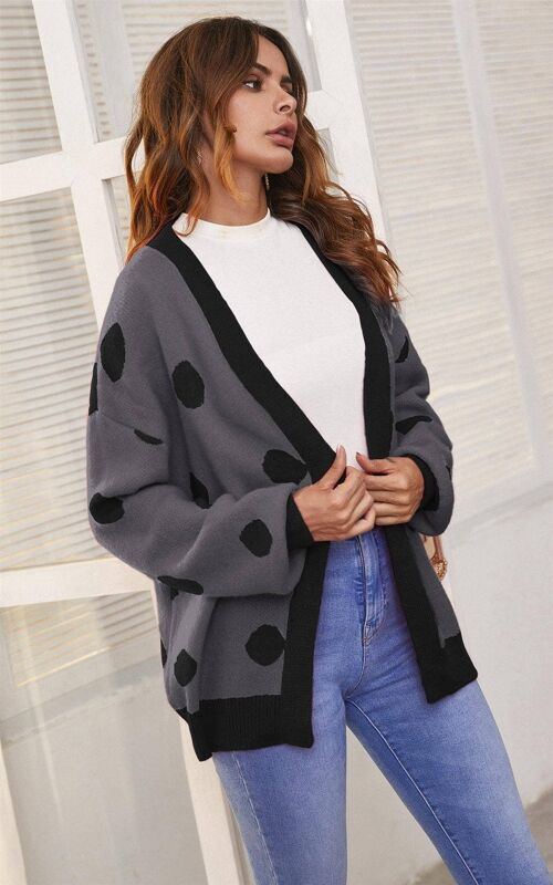 Black Polka Dot Pattern Cardigan Top In Charcoal Grey