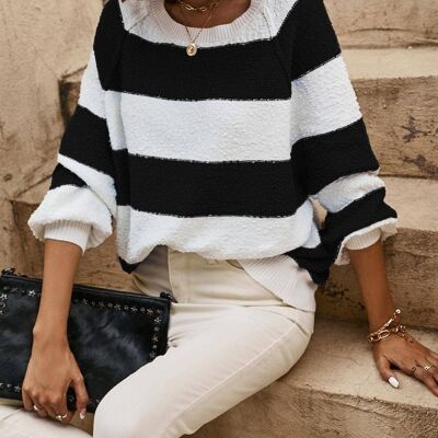 Black Stripe Relaxed Knit Jumper Top In White