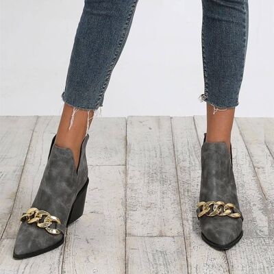 Block Heel Pointed Toe Chain Detail Ankle Boots In Grey