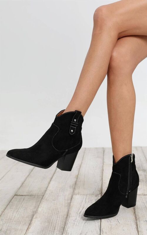 Block Heel Pointed Toe Suedette Ankle Boots In Easy Black