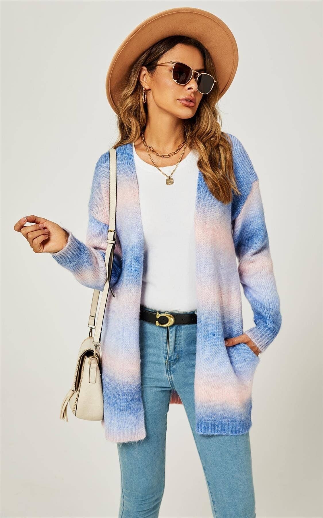 Cárdigan midi arcoiris azul y rosa