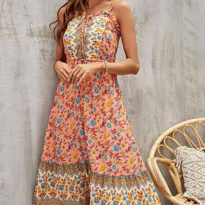Blue & Yellow Floral Button Front Strappy Midi Dress In Red