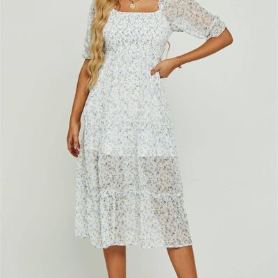 Blue Flora Print Bardot Puff Sleeve Elasticated Detail Midi Dress In White