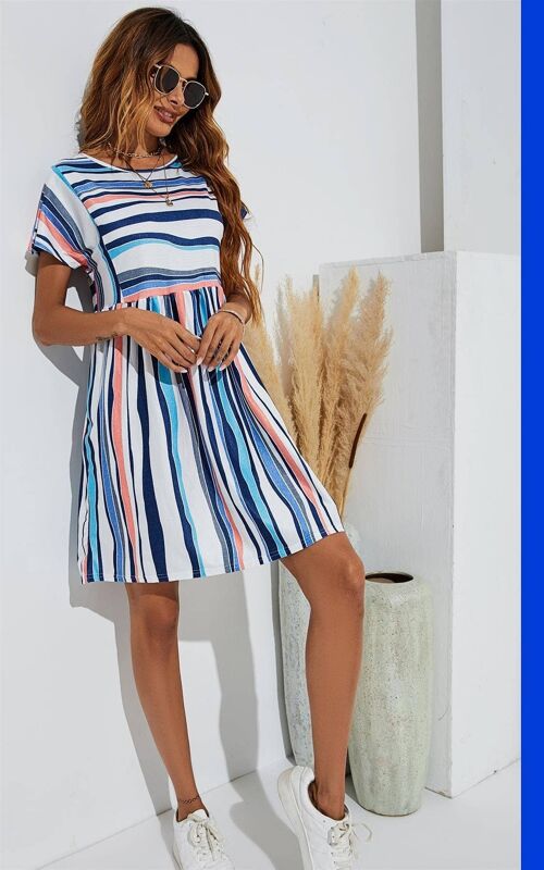 Blue Pink Stripe Print Short Sleeve Relaxed Smock Dress In White