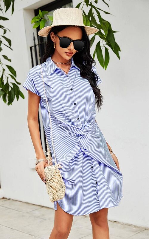 Blue Stripe Print Knot Shirt Dress In White