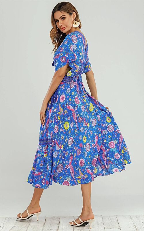 Bohemian Midi Dress With Deep V Neckline In Blue & Pink Bird Floral Print