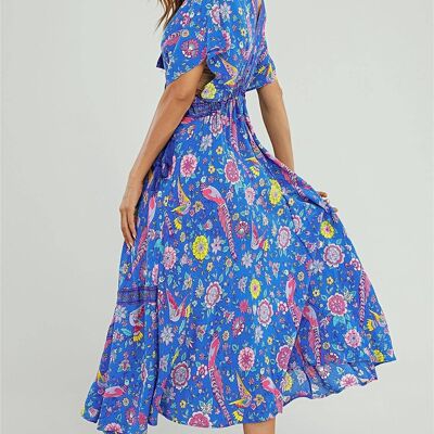 Bohemian Midi Dress With Deep V Neckline In Blue & Pink Bird Floral Print