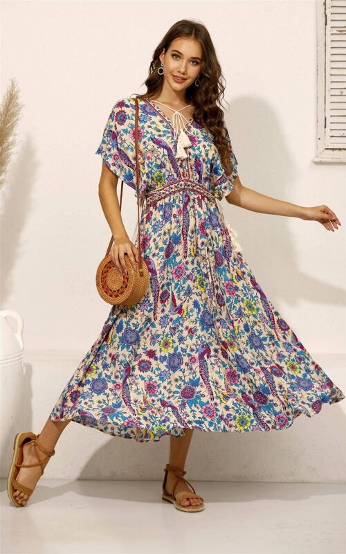 Bohemian Midi Dress With Deep V Neckline In Cream & Pink Bird Floral Print