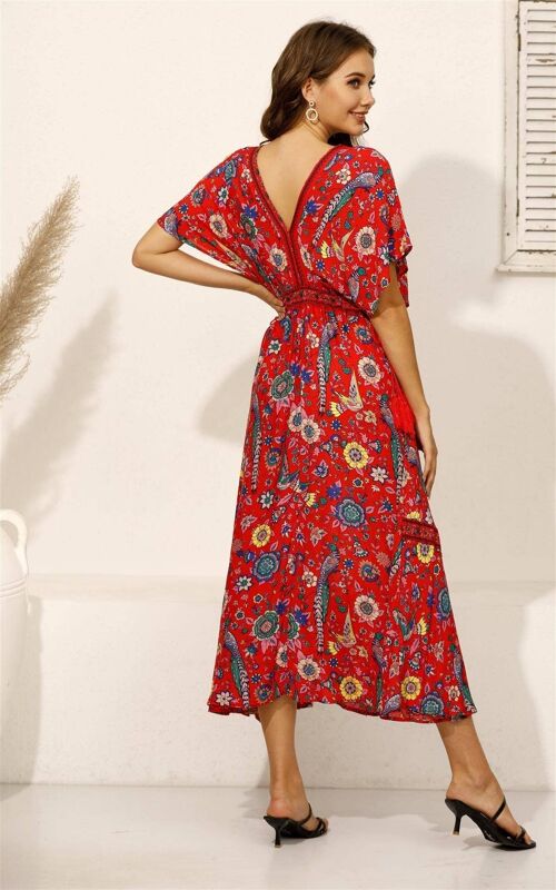 Bohemian Midi Dress With Deep V Neckline In Red & Green Bird Floral Print