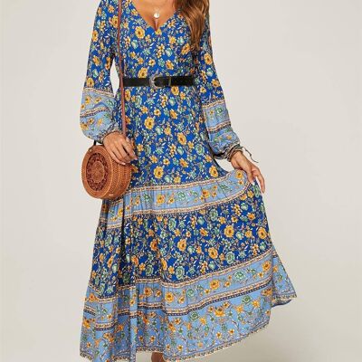 Boho Gold Floral Midi Summer Dress In Blue