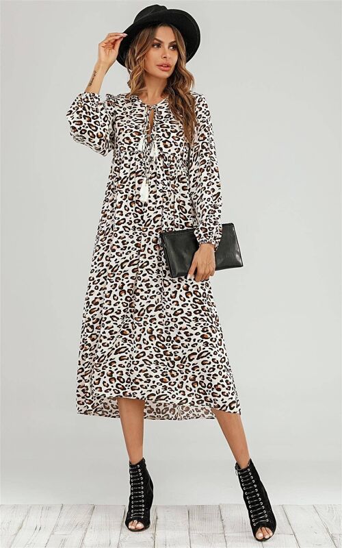 Boho Long Sleeve In Leopard Print Midi Dress