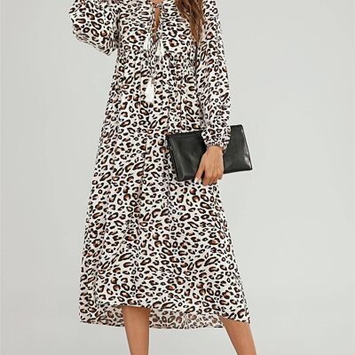 Vestido bohemio de manga larga con estampado de leopardo a media pierna