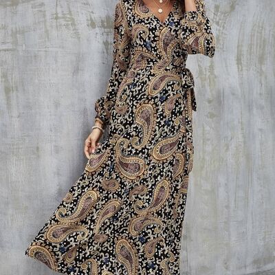 Boho Gold Paisley Blumen Wickelkleid in Schwarz