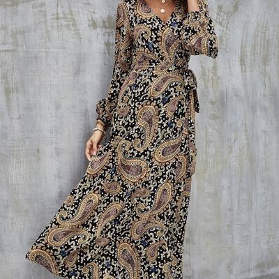 Boho Gold Paisley Robe portefeuille à fleurs en noir