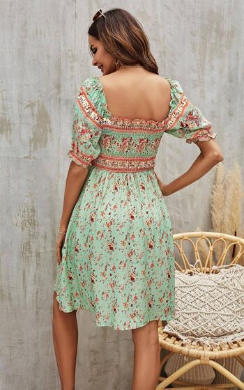 Mini robe Boho avec imprimé floral rose en vert menthe 3