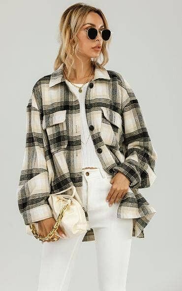 Giacca camicia oversize con dettaglio tasca a quadri spazzolato in bianco e nero