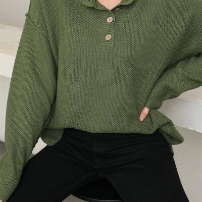 Button Detail Round Neck Sweater Jumper Top In Olive Green