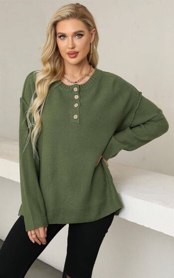 Pull à col rond et détail boutonné en vert olive 2