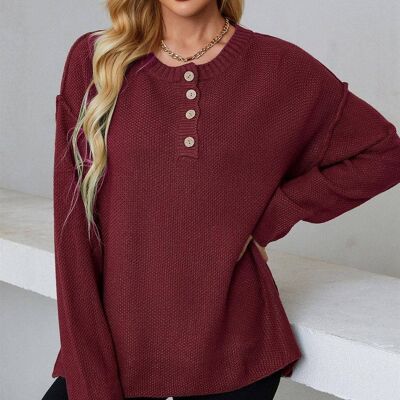 Button Detail Round Neck Sweater Jumper Top In Wine