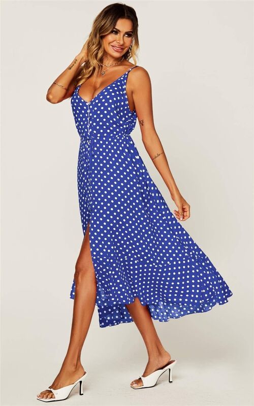 Button Down High Low Strappy Dress In Blue & White Palk Dot