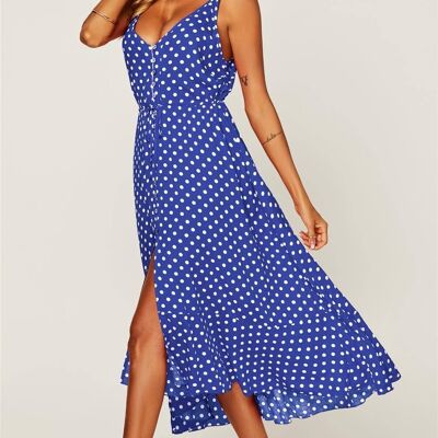 Button Down High Low Strappy Dress In Blue & White Palk Dot