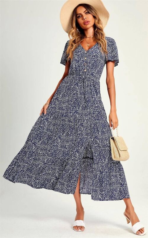 Button Down Maxi Dress In Navy Leopard Print