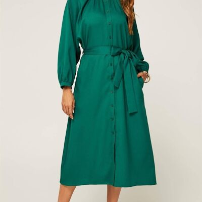 Button Down Midi Shirt Dress With Tie Waist In Green