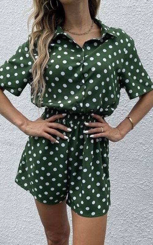 Button Down Playsuit In Dark Green With White Polka Dot Print