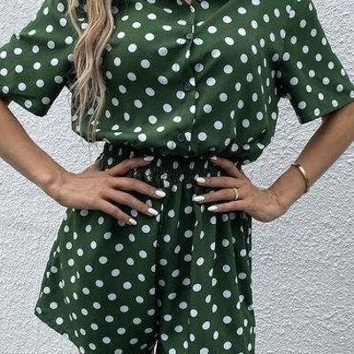Button Down Playsuit In Dark Green With White Polka Dot Print