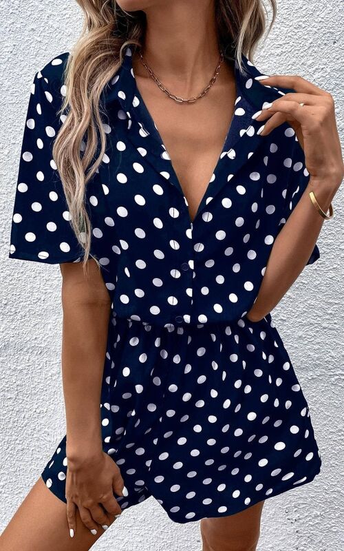 Button Down Playsuit In Navy With White Polka Dot Print