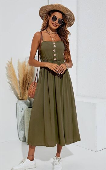 Robe mi-longue boutonnée à bretelles vert olive 8