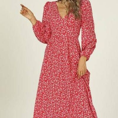 Robe mi-longue boutonnée à col en V et manches longues à imprimé floral rouge