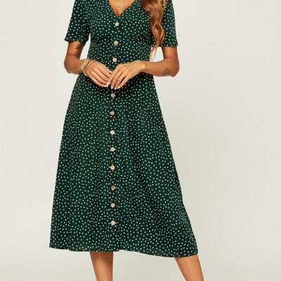 Abito midi verde con stampa a pois e bottoni