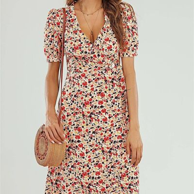 Button Wrap Midi Dress In Beige With Red Yellow Rose Print