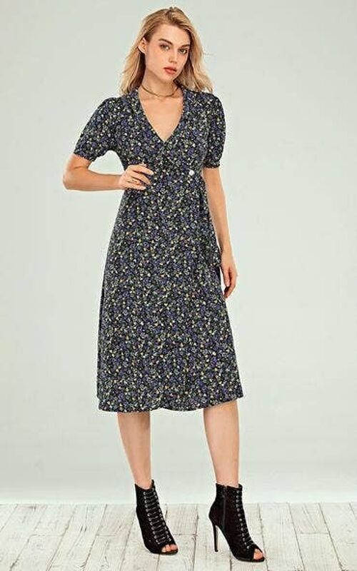 Button Wrap Midi Dress In Black With Blue Green Yellow Rose Print