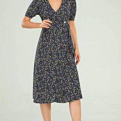 Button Wrap Midi Dress In Black With Blue Green Yellow Rose Print