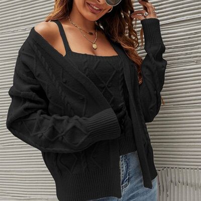 Cardigan & Crop Top 2 Piece Set In Black