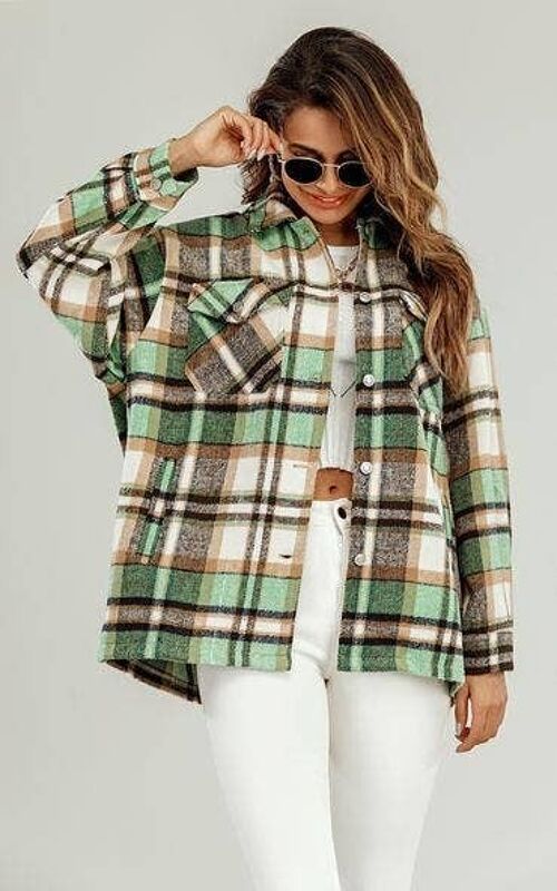 Check Oversized Shirt Jacket In Green & Cream & Golden