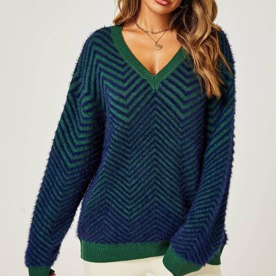 Chic géométrique intarsia pull pull en bleu marine et vert